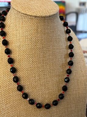 Black Faceted Bead Necklace with Red Accent Beads choker length